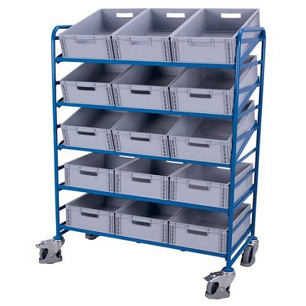 Policový vozík Euro s přepravkami a šikmými policemi, 5 polic, 135 x 66,5 x 170 cm, modrý