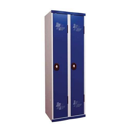 Svařovaná šatní skříň Acial, 2 oddíly, 300 mm, otočný uzávěr, šedá/modrá