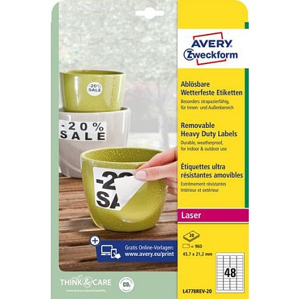 Samolepicí etikety Avery Zweckform, snímatelné, matné, bílé, 45,7 x 21,2 mm