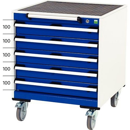 Mobilní zásuvková skříň Bott Cubio, 78.5 x 65 x 65 cm, 5 zásuvek, rohož, šedá-modrá