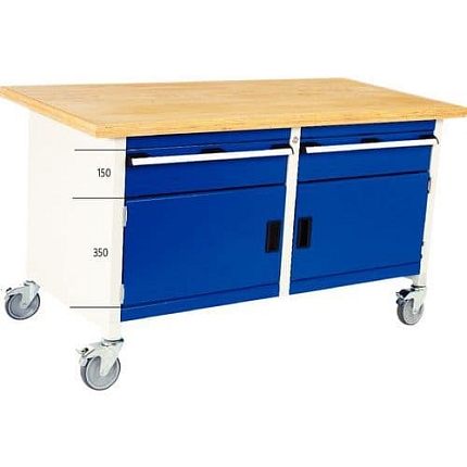 Mobilní dílenský stůl Bott Cubio Storage, 84 x 150 x 75 cm, 2 zásuvky, 2 skříňky, multiplex, šedá-modrá