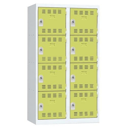 Svařovaná šatní skříň Vinco, 2 sloupce, 8 boxů, 400 mm, otočný uzávěr, šedá/zelená