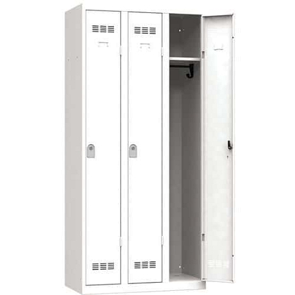 Svařovaná šatní skříň Vinco, 3 oddíly, 300 mm, cylindrický zámek, bílá/bílá/bílá/bílá