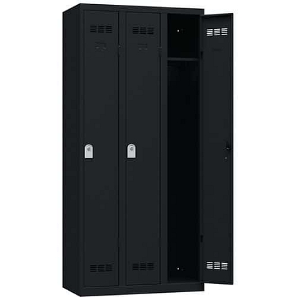 Svařovaná šatní skříň Vinco, 3 oddíly, 300 mm, cylindrický zámek, černá/černá
