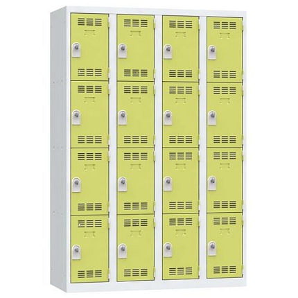 Svařovaná šatní skříň Vinco, 4 sloupce, 16 boxů, 300 mm, otočný uzávěr, šedá/zelená