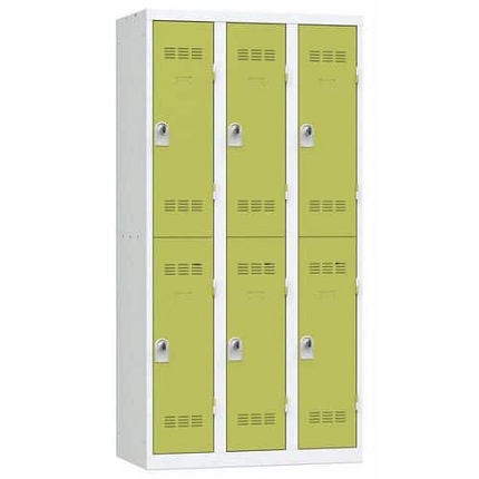 Svařovaná šatní skříň Vinco, 3 sloupce, 6 boxů, 300 mm, otočný uzávěr, šedá/zelená