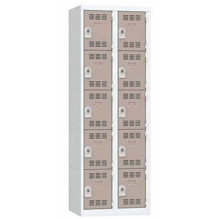 Svařovaná šatní skříň Vinco, 2 sloupce, 10 boxů, 300 mm, otočný uzávěr, šedá/hnědá