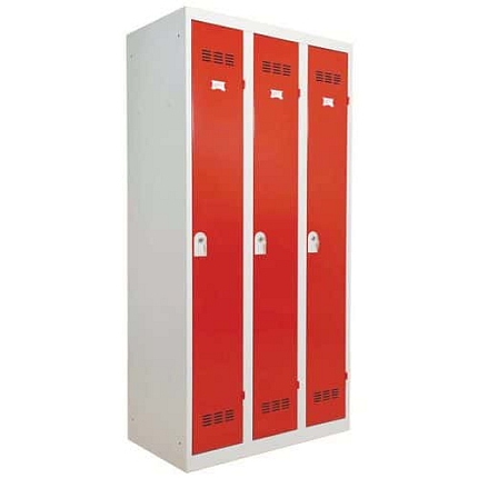 Svařovaná šatní skříň Vinco, 3 oddíly, 300 mm, cylindrický zámek, šedá/červená