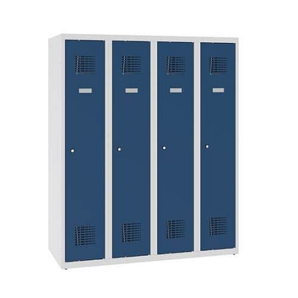 Snížená školní šatní skříň, 4 sloupce, 300 mm, šedá/tmavě modrá, tříbodový cylindrický zámek