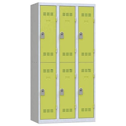 Svařovan?? šatní skříň Vinco, 3 sloupce, 6 boxů, 300 mm, cylindrický zámek, šedá/zelená