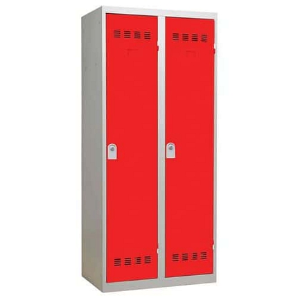 Svařovaná šatní skříň Vinco s mezistěnou, 2 oddíly, 400 mm, cylindrický zámek, šedá/červená