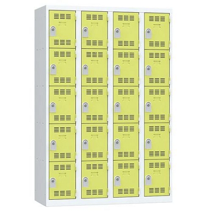 Svařovaná šatní skříň Vinco, 4 sloupce, 20 boxů, 300 mm, cylindrický zámek, šedá/zelená