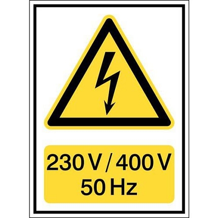 Značka nebezpečí – „Pozor, elektrické napětí: 230 V/400 V/50 HZ“ – polypropylen