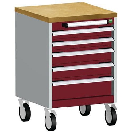 Mobilní zásuvková skříň Bott Cubio, 79 x 52,5 x 52,5 cm, 5 zásuvek, multiplex, šedá-červená