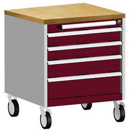 Mobilní zásuvková skříň Bott Cubio, 79 x 65 x 65 cm, 4 zásuvky, multiplex, šedá-červená