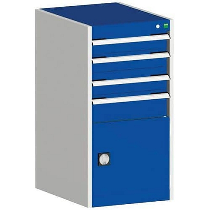 Dílenská zásuvková skříň Bott Cubio, 100 x 52,5 x 52,5 cm, 4 zásuvky, 1 skříňka, šedá-modrá