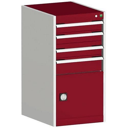 Dílenská zásuvková skříň Bott Cubio, 100 x 52,5 x 52,5 cm, 4 zásuvky, 1 skříňka, šedá-červená