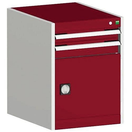 Dílenská zásuvková skříň Bott Cubio, 70 x 52,5 x 52,5 cm, 2 zásuvky, 1 skříňka, šedá-červená