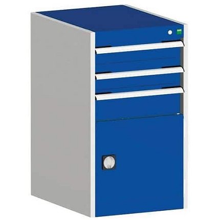 Dílenská zásuvková skříň Bott Cubio, 90 x 52,5 x 52,5 cm, 3 zásuvky, 1 skříňka, šedá-modrá