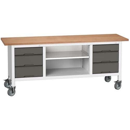 Mobilní dílenský stůl Bott Verso Storage, 200 x 60 x 83 cm, multiplex, 6 zásuvek, 1 police, šedá-antracit