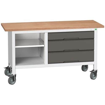 Mobilní dílenský stůl Bott Verso Storage, 150 x 60 x 83 cm, multiplex, 3 zásuvky, 1 police, šedá-antracit