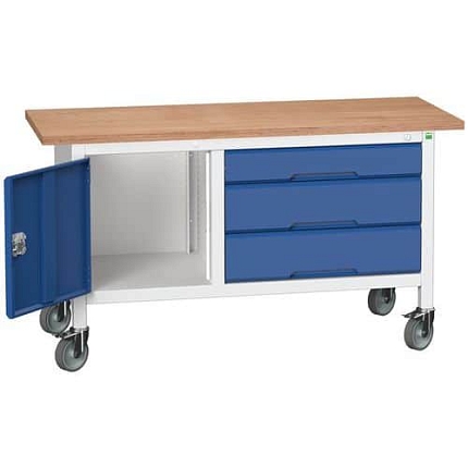 Mobilní dílenský stůl Bott Verso Storage, 150 x 60 x 83 cm, multiplex, 3 zásuvky, 1 skříňka, šedá-modrá