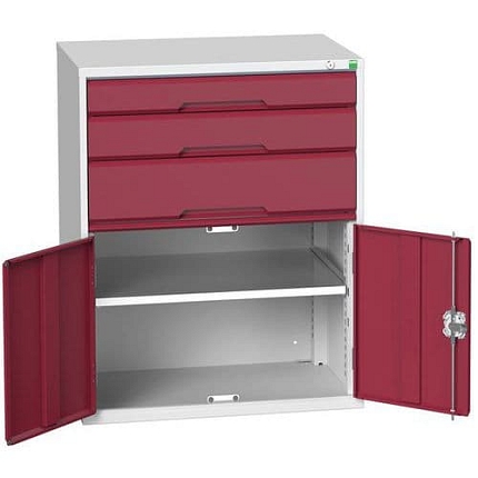 Dílenská zásuvková skříň Bott Verso, 100 x 80 x 55 cm, 3 zásuvky, 1 skříňka, šedá-červená