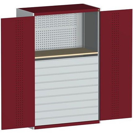 Dílenská skříň se zásuvkami Bott Cubio, multiplex, 200 x 130 x 65 cm, 9 zásuvek, šedá-červená