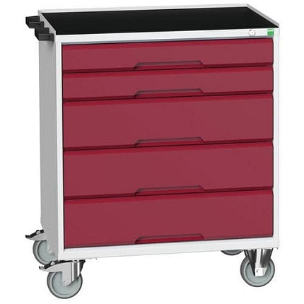 Mobilní pracovní stůl se zásuvkami Bott Verso, 96,5 x 80 x 55 cm, 5 zásuvek, rohož, šedá-červená