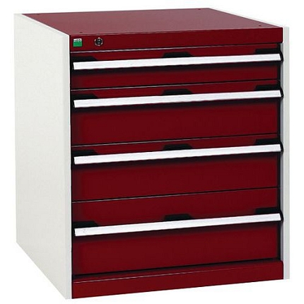 Dílenská zásuvková skříň Bott Cubio, 70 x 65 x 65 cm, 4 zásuvky, šedá-červená