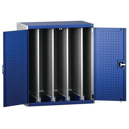 Dílenská skříň Bott Cubio s výsuvnými perfopanely, 120 x 105 x 65 cm, plné dveře, šedá-modrá