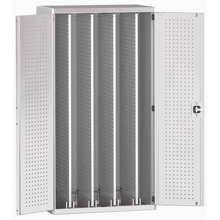 Dílenská skříň Bott Cubio s výsuvnými perfopanely, 200 x 105 x 65 cm, plné dveře, šedá-šedá