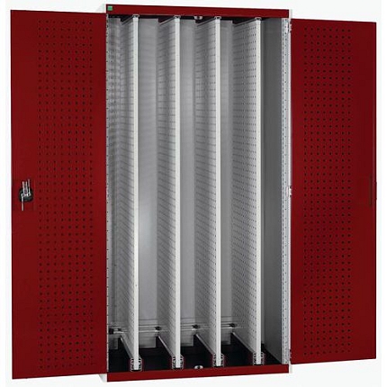 Dílenská skříň Bott Cubio s výsuvnými perfopanely, 200 x 105 x 65 cm, plné dveře, šedá-červená