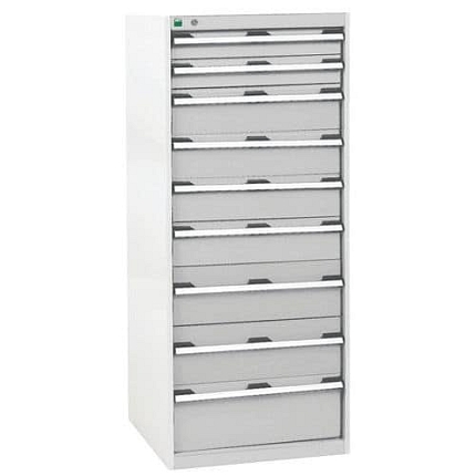 Dílenská zásuvková skříň Bott Cubio, 160 x 65 x 65 cm, 9 zásuvek, šedá-šedá