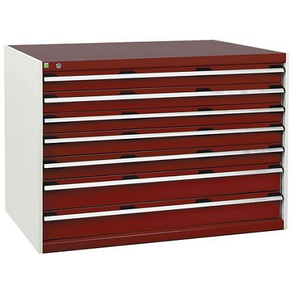 Dílenská zásuvková skříň Bott Cubio, 90 x 130 x 75 cm, 7 zásuvek, šedá-červená