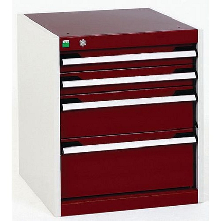 Dílenská zásuvková skříň Bott Cubio, 60 x 52,5 x 52,5 cm, 4 zásuvky, šedá-červená