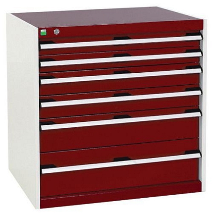 Dílenská zásuvková skříň Bott Cubio, 80 x 80 x 65 cm, 6 zásuvek, šedá-červená
