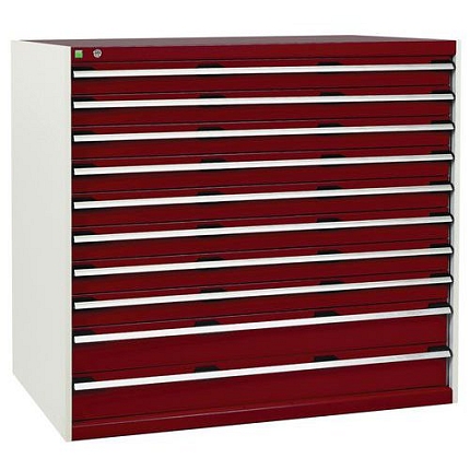 Dílenská zásuvková skříň Bott Cubio, 120 x 130 x 75 cm, 10 zásuvek, šedá-červená