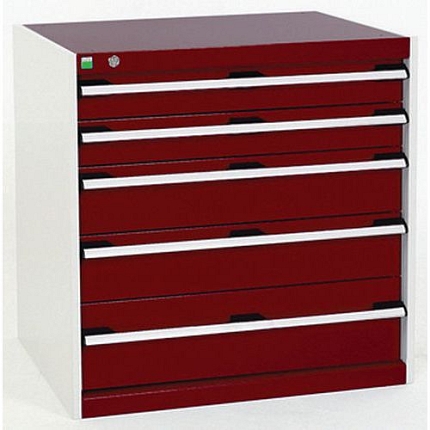 Dílenská zásuvková skříň Bott Cubio, 80 x 80 x 52,5 cm, 5 zásuvek, šedá-červená