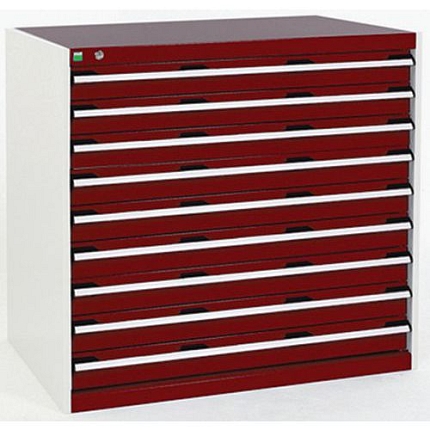 Dílenská zásuvková skříň Bott Cubio, 100 x 105 x 65 cm, 9 zásuvek, šedá-červená