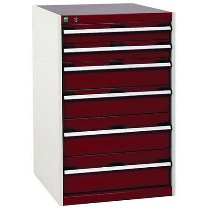 Dílenská zásuvková skříň Bott Cubio, 100 x 65 x 65 cm, 6 zásuvek, šedá-červená