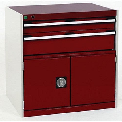 Dílenská zásuvková skříň Bott Cubio, 80 x 80 x 75 cm, 2 zásuvky, 1 skříňka, šedá-červená