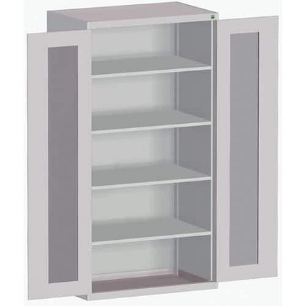 Dílenská skříň s průhlednými dveřmi Bott Cubio, 200 x 105 x 65 cm, 4 police, šedá-šedá