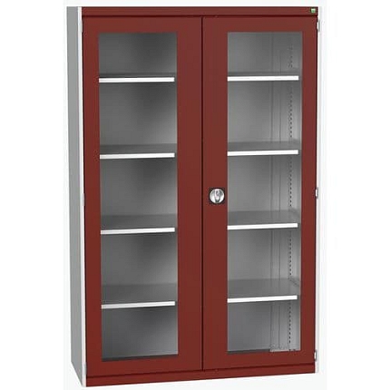 Dílenská skříň s průhlednými dveřmi Bott Cubio, 200 x 130 x 52,5 cm, 4 police, šedá-červená