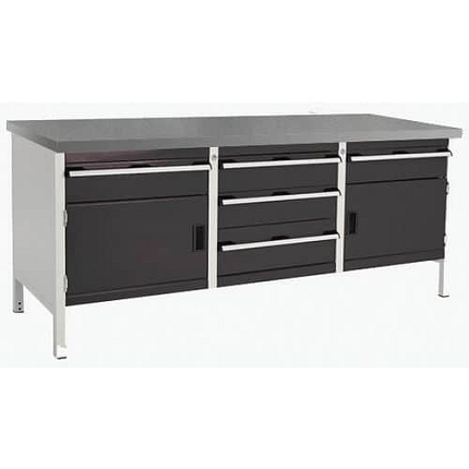 Dílenský stůl Bott Cubio Storage, 84 x 200 x 75 cm, 2 skříňky, 5 zásuvek, linoleum, šedá-antracit