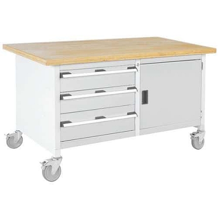 Mobilní dílenský stůl Bott Cubio Storage, 84 x 150 x 75 cm, 3 zásuvky, skříňka, multiplex, šedá-šedá