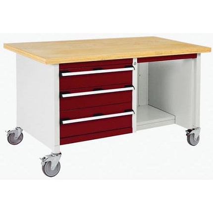 Mobilní dílenský stůl Bott Cubio Storage, 84 x 150 x 75 cm, 3 zásuvky, police, multiplex, šedá-červená