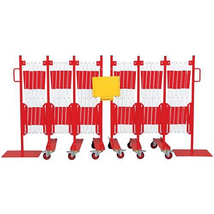 Kovová mobilní zábrana Dancop, skládací, délka 16 m, červeno/bílá