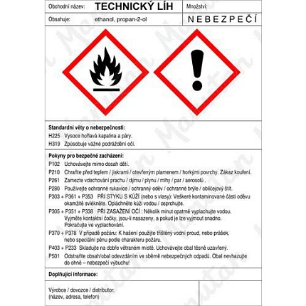 Výstražné GHS tabulky - Technický líh štítek