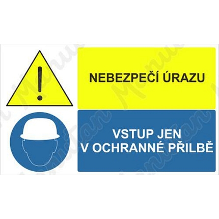 Nebezpečí úrazu vstup jen v ochranné přilbě, samolepka 95 x 57 x 0,1 mm